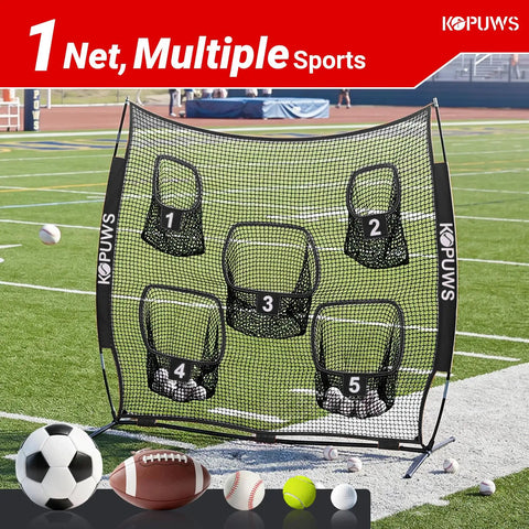 All In One 7x7 Football And Multi Sport Throwing Net With 5 Target Holes, Beast Mode Ready Heavy Duty Impact Resistant Practice Net For Football Soccer Baseball Tennis Golf, Portable Carry Bag Included on a sports field with balls.