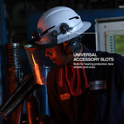 Type 2 Non Vented Full Brim Hard Hat With Chin Strap Class E Protection Up To 20kV shown with face shield and accessory slots