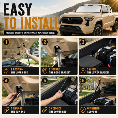 Step-by-step installation guide for Heavy Duty Gas Hood Struts For Slick One Hand Lift for Toyota Tacoma 2024-2026 and 4Runner