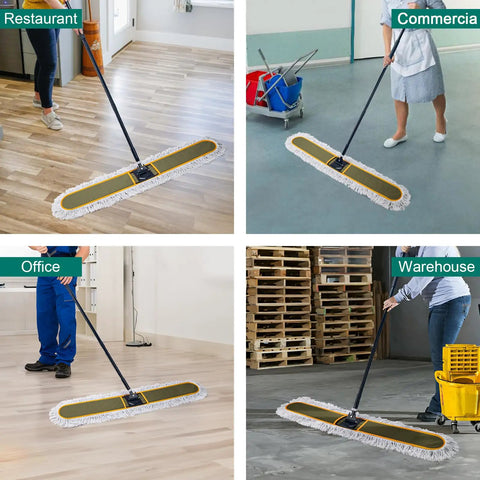 Built Tough Commercial Dust Mop With Extended Rustproof Steel Shaft And Wide Sweep Design For hassle free floor cleaning in restaurant and warehouse.