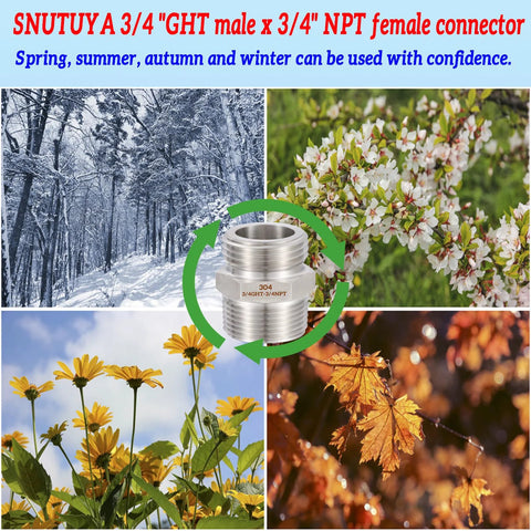 SNUTUYA stainless steel garden hose adapter, 3/4 GHT male to 3/4 NPT male, front view