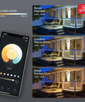 App controlled Smart WiFi Security Light showing color temperatures from 2200K to 5000K with porch lighting examples