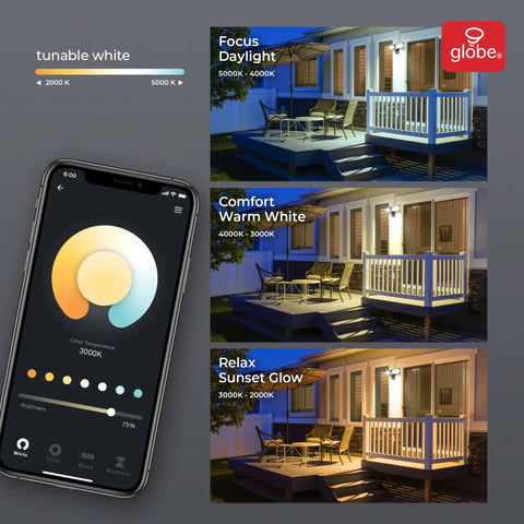 App controlled Smart WiFi Security Light showing color temperatures from 2200K to 5000K with porch lighting examples
