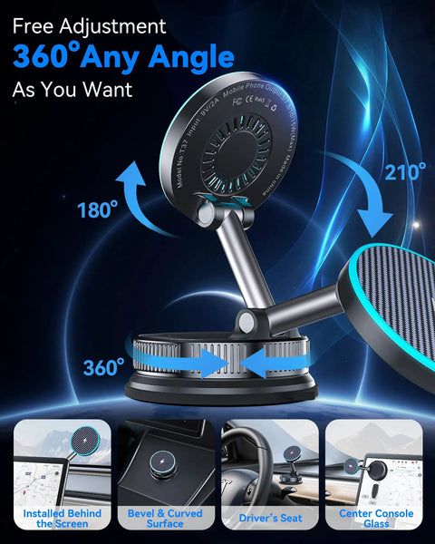 15W MagSafe Car Mount Charger With Vacuum Suction Cup And Nano Adhesive Base, 360 Degree Rotatable Stand shown in various installations