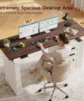 55 Inch Electric Standing Desk Farmhouse Style Sit Stand Workstation featuring smooth silent motors, spacious walnut surface, and storage.