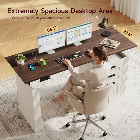55 Inch Electric Standing Desk Farmhouse Style Sit Stand Workstation featuring smooth silent motors, spacious walnut surface, and storage.