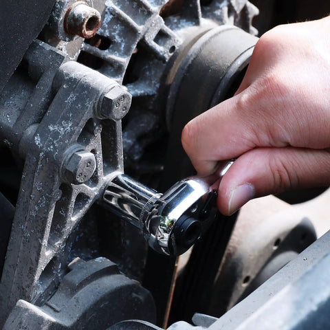 Prograde 1/4 Inch Stubby Ratchet Wrench Dual Socket Bit Driver 72 Tooth Chrome Alloy in action tightening a bolt.