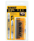 Front view of DEWALT 14-piece magnetic drive guide set in blister packaging with two bits and orange case