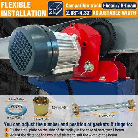 Close-up view of Beefy Electric Trolley For Power Hoist 1 Ton Capacity 2204 Lbs on adjustable I-beam flange