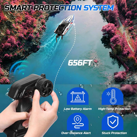 Person controlling 16 Inch Brushless RC Boat For Adults, Hobby Grade Racing Craft With 35 Plus KPH Speed, in scenic water setting