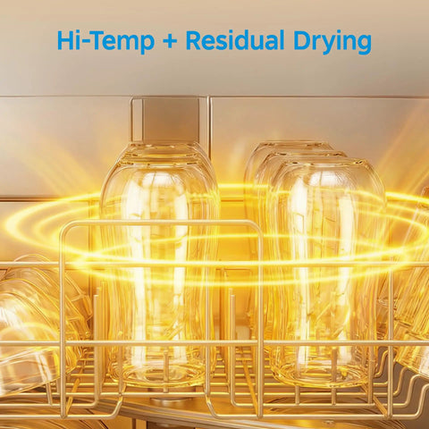 Self Contained Countertop Dishwasher With Built In Water Tank And Gentle Baby Care Mode Straight Up Rocking Six Custom Wash Cycles Plus Heavy Duty Extra Dry drying glassware using high temperature.
