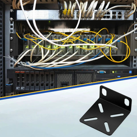 Adjustable Rack Mount Brackets For 17.3 Inch Wide Switches mounted in a server rack with cables, heavy duty steel ear support.