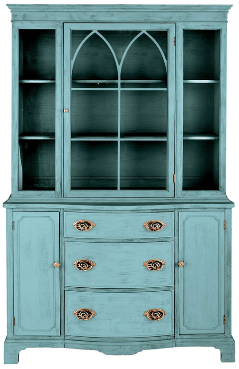 Milk Paint Finish Quart Pack In Highland Blue for furniture with brushed effect and washed matte look, vintage makeover display.