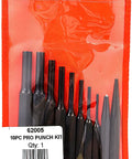 Assorted 10 Piece Punch Set With Black Oxide Finish for metalwork and auto repairs in red pouch.
