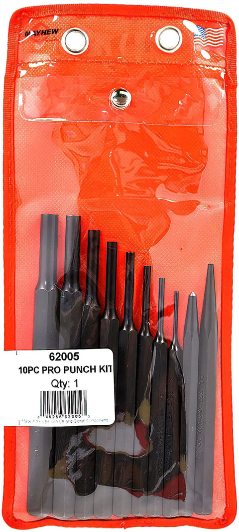 Assorted 10 Piece Punch Set With Black Oxide Finish for metalwork and auto repairs in red pouch.