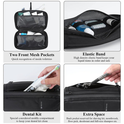 Compact Mens Toiletry Bag Hanging Dopp Kit with mesh pockets, elastic band, and compartments for organized travel packing