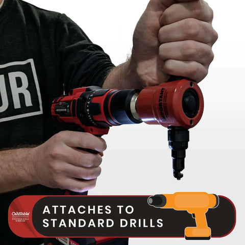 Drill Attachment Nibbler for Flat and Corrugated Sheet Metal Up to 14 Gauge, showing easy attachment to drill for burr-free cuts