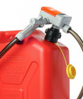 No Strings Attached Cordless Fuel Transfer Pump With Auto Stop For Gas Cans And Oil Jugs 3.5 GPM attached to red gasoline can.