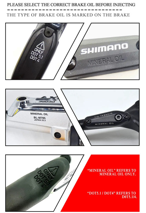 Instructions showing brake oil types for All Brakes Hydraulic Disc Brake Bleed Kit with Universal Adapters for SRAM Avid Magura Tektro Hayes.