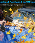 Person using black Cordless Handheld Leaf Blower 500,000 RPM Turbo Jet with Dual 4.0Ah Batteries clearing leaves on car