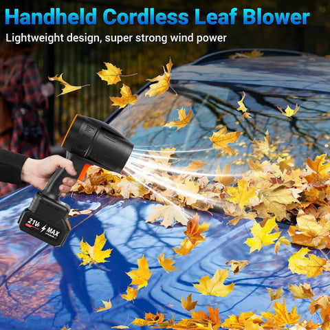 Person using black Cordless Handheld Leaf Blower 500,000 RPM Turbo Jet with Dual 4.0Ah Batteries clearing leaves on car