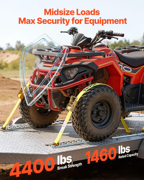 Heavy Duty 2 Inch By 15 Foot E Track Ratchet Straps Kit With 4400 Lbs Break Strength securing ATV on trailer
