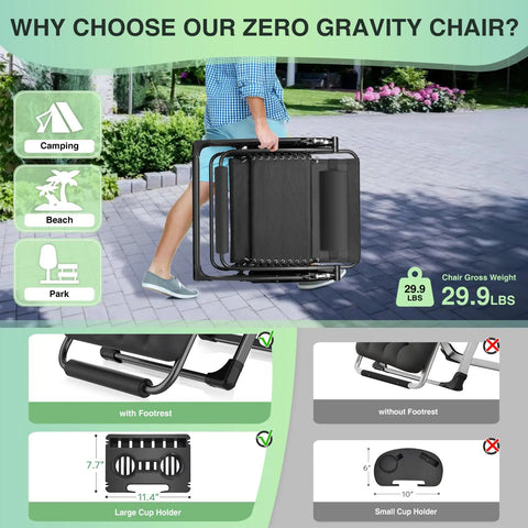 Oversized Zero Gravity Chair for Outdoors And Indoors, 33 Inch XXL Recliner shown folded and carried by person, features highlighted.