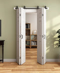 48 By 84 Inch Bifold Barn Door With Complete Hardware Set open for room divider, white, primed finish, smooth glide setup.