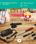 Front view of a black electric foam cutter pen tool set with power adapter and interchangeable tips