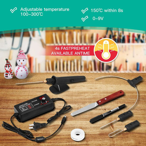 Front view of a black electric foam cutter pen tool set with power adapter and interchangeable tips