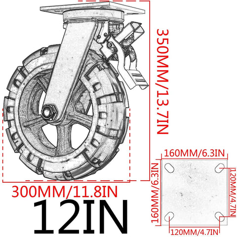 Heavy Duty Locking Casters With Dual Disc Brakes, Rock Solid Rubber Tires, Shock Absorbing Puncture Proof Wheel Kit close-up.