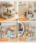 Sleek Two Tier Pull Out Under Sink Organizer For Kitchen Cabinets, Ultra Smooth Glide Storage Rack in kitchen, bathroom, laundry room, and bedroom.