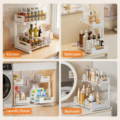 Sleek Two Tier Pull Out Under Sink Organizer For Kitchen Cabinets, Ultra Smooth Glide Storage Rack in kitchen, bathroom, laundry room, and bedroom.