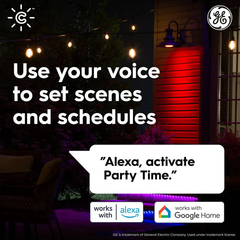 Cync Outdoor PAR38 Flood Smart LED Bulbs With WiFi, Color Changing, shown lighting a patio with Alexa and Google Home icons.