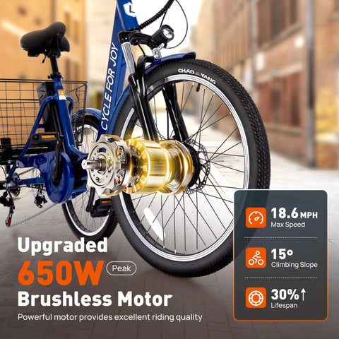 Three Wheel Electric Tricycle for Adults With Removable 48V 13Ah Battery, UL 2849 and UL 2272 Certified, Assembly Required, Comfortable City Cruiser for Shopping and Commuting, Safe Stable Ride and Easy Maneuverability; rear wheel motor view