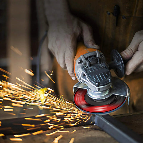 Person using Heavy Duty Flap Disc 4.5 Inch Set for Angle Grinders 10 Pack 120 Grit Zirconia on metal, sparks flying