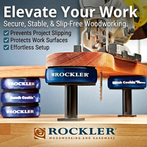 Bench Cookie Plus Work Grippers 4 Pack clamp free work support elevating wood panel for routing, shows grippers in use.
