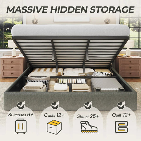 King Size Lift Up Storage Bed Frame With Linen Upholstered Wingback Headboard Heavy Duty Hydraulic Gas Lift Platform Base Room Savior Smart Underbed Stash Zero Squeak Grey with open hidden storage filled.