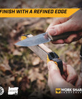 User sharpening a knife with Roam Ready Guided Field Sharpener With Diamond Guides And Adjustable Wrench on a wooden surface.