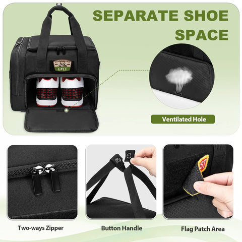 Golf Trunk Organizer Bag With Bottom Shoe Space, Reinforced Structure, Multiple Pockets, Black 600D Nylon, Ventilated Hole