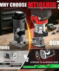 Comparison of Cordless Compact Router Compatible With Milwaukee Batteries featuring aluminum base for durability and performance.