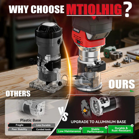 Comparison of Cordless Compact Router Compatible With Milwaukee Batteries featuring aluminum base for durability and performance.