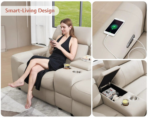 Power Recliner Sectional Sofa With Storage And USB Port, leather look couch with cup holders in living room, beige brown