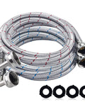 Six Foot Premium Stainless Steel Washer Hoses With 90 Degree Elbow No Lead Burst Proof Three Quarter Inch NPT Connection Hot And Cold Water Inlet Supply Lines For Washer Two Pack coiled with connectors