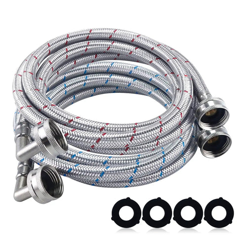 Six Foot Premium Stainless Steel Washer Hoses With 90 Degree Elbow No Lead Burst Proof Three Quarter Inch NPT Connection Hot And Cold Water Inlet Supply Lines For Washer Two Pack coiled with connectors