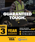 Person holding DEWALT EV Charger case with 'Guaranteed Tough' and 3-Year Guarantee text, contact info displayed, design in USA.