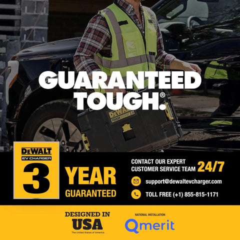 Person holding a DeWalt EV Charger case with 3-year guarantee label, contact details for support, designed in USA logo.