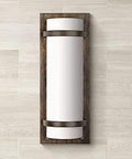 Two Light Rustic Modern Wall Sconce In Iron Oxide Finish With Etched White Glass Industrial Chic Vibe, front view