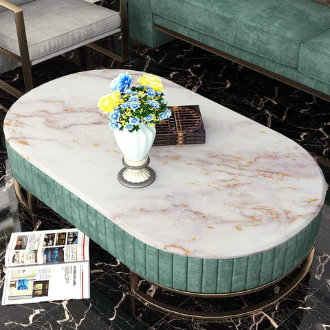 White Gold Marble Peel And Stick Contact Paper on oval coffee table with blue and yellow flowers and magazines