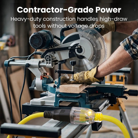 Worker using 100 Ft Beefy Heavy Duty Extension Cord 12/3 Gauge SJTW Outdoor Indoor 3 Prong Power Cable with power tools.